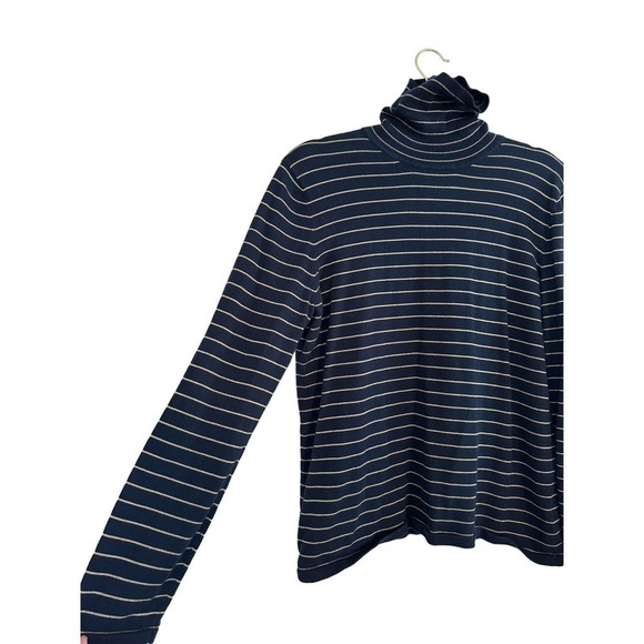 Lauren Ralph Turtle Neck Sweater Navy with Gold Striping Size L - Picture 2 of 4